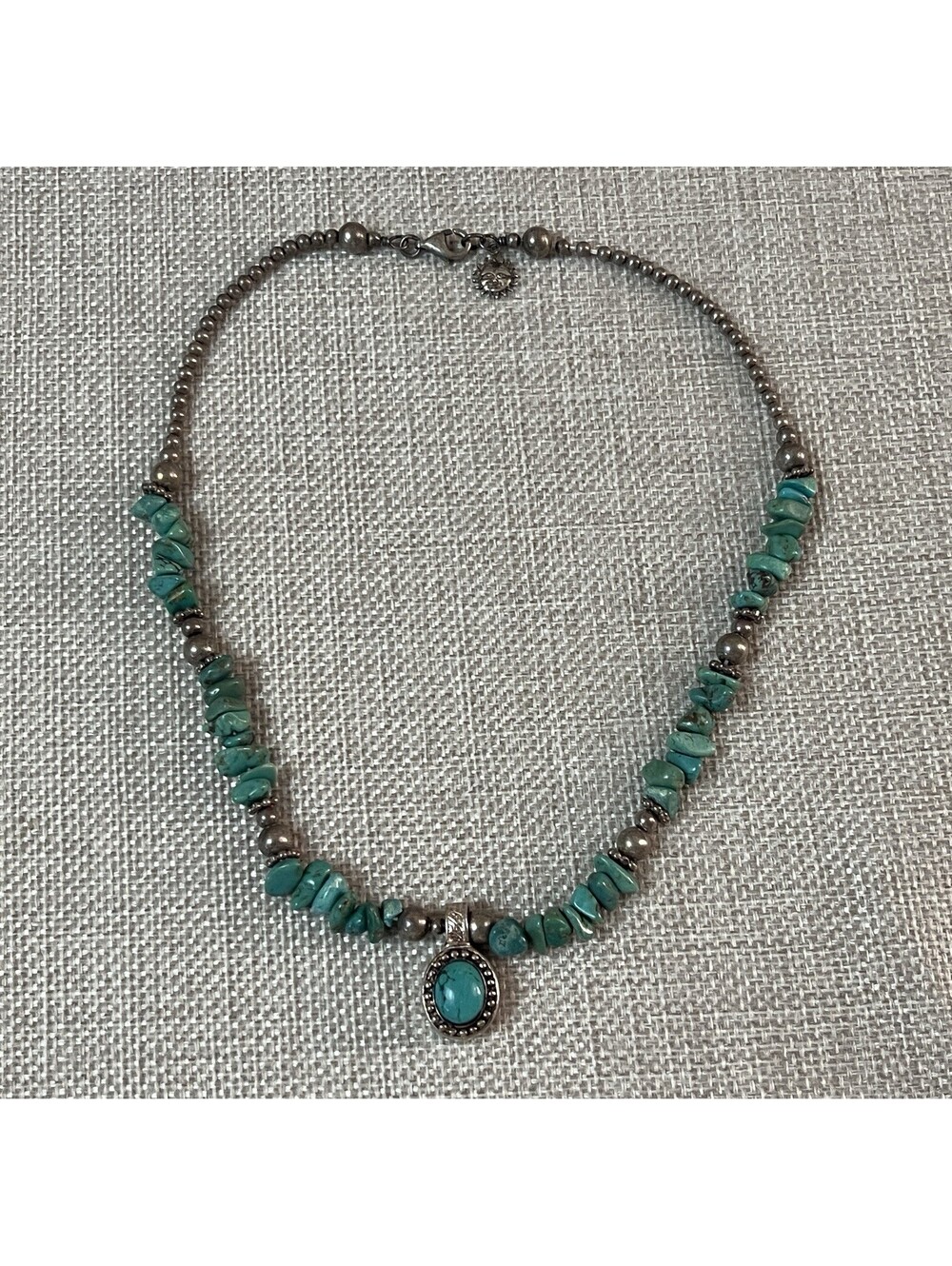 VTG Sterling Silver Green Turquoise Nugget Silver Bead 15” Necklace